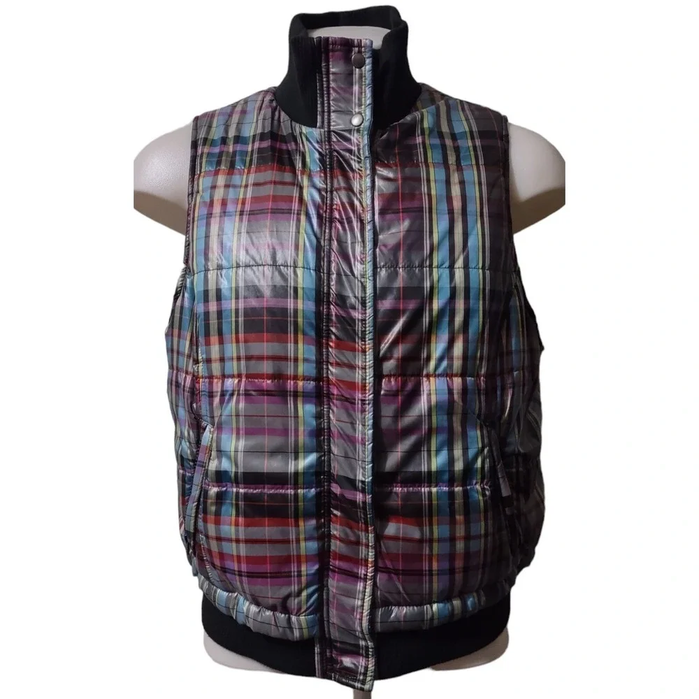 CJ Banks Vest Size X Woman's Plaid Puffer Full Zip With Covered Snap Zip Pockets